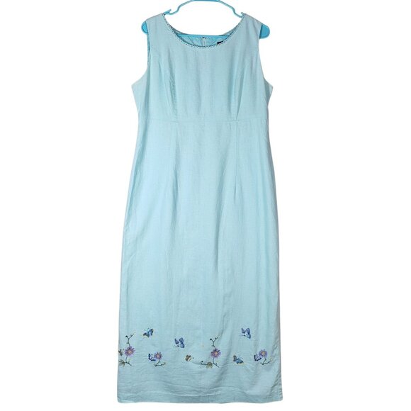 Sag Harbor Linen Maxi Dress, Size 12, Light Blue Embroidered Butterflies 🦋 - Picture 1 of 16